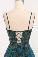 Load image into Gallery viewer, Dark Green A Line Tulle Long Appliqued Prom Dress With Slit