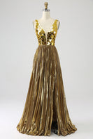Load image into Gallery viewer, Women Sparkly Golden Prom Dress with Slit A-Line V-Neck Party Dress