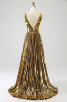 Load image into Gallery viewer, Sparkly A Line Deep V-Neck Golden Long Prom Dress with Slit