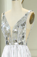 Load image into Gallery viewer, Glitter Silver Backless Long Mirror Prom Dress