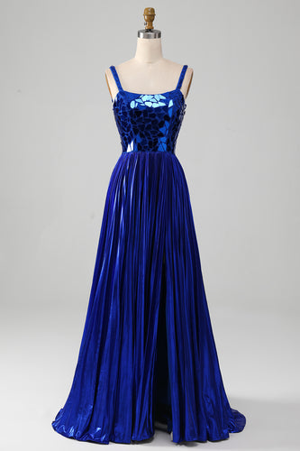 Sparkly Lace-Up Back Royal Blue Prom Dress with Slit
