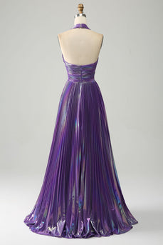 Sparkly Purple Halter A Line Prom Dress with Pleated