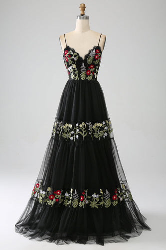 Black A-Line Spaghetti Straps Embroidered Long Corset Prom Dress