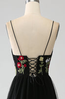 Load image into Gallery viewer, Black A-Line Spaghetti Straps Embroidered Long Corset Prom Dress