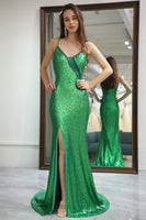 Load image into Gallery viewer, Sparkly Dark Green Mermaid Long Prom Dress With Slit