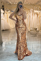 Load image into Gallery viewer, Sparkly Rose Golden Beaded Sequins Mermaid Long Prom Dress With Slit
