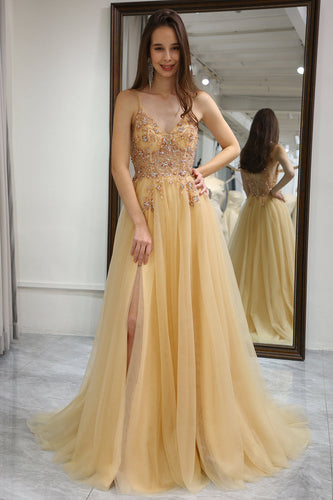 Golden A Line Long Corset Prom Dress With Appliques