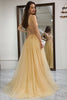 Load image into Gallery viewer, Golden A Line Long Corset Prom Dress With Appliques