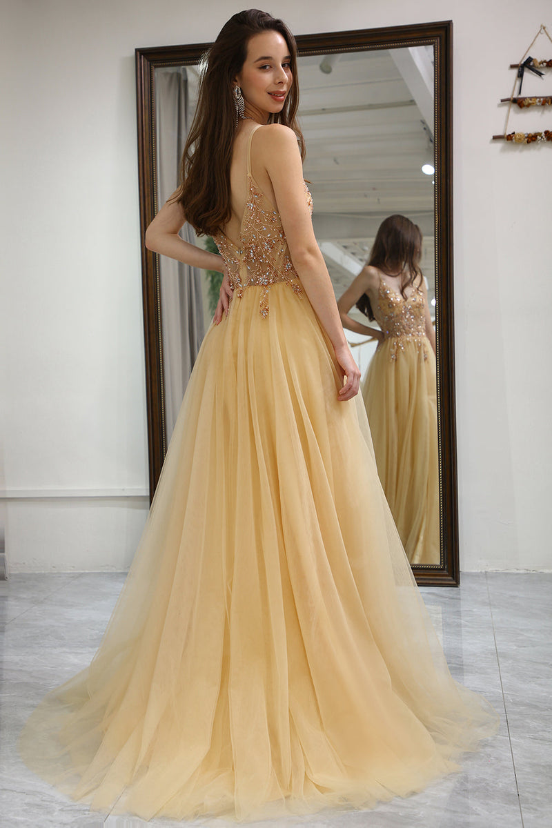Load image into Gallery viewer, Golden A Line Long Corset Prom Dress With Appliques