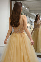 Load image into Gallery viewer, Golden A Line Long Corset Prom Dress With Appliques