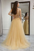 Load image into Gallery viewer, Golden A Line Long Corset Prom Dress With Appliques