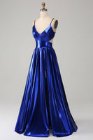 Load image into Gallery viewer, Royal Blue A-Line Spaghetti Straps Prom Dress with Slit