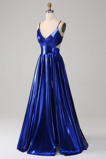 Royal Blue A-Line Spaghetti Straps Prom Dress with Slit