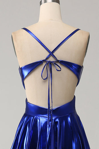 Royal Blue A-Line Spaghetti Straps Prom Dress with Slit