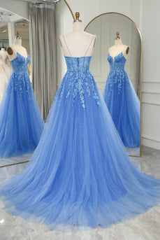 Blue A Line Tulle Long Prom Dress With Appliques