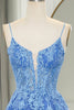 Load image into Gallery viewer, Blue A Line Tulle Long Prom Dress With Appliques