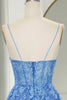 Load image into Gallery viewer, Blue A Line Tulle Long Prom Dress With Appliques