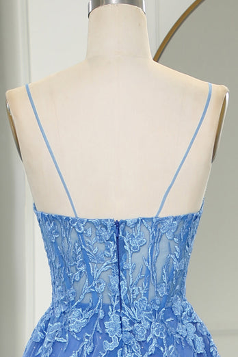 Blue A Line Tulle Long Prom Dress With Appliques