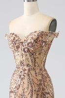 Load image into Gallery viewer, Sparkly Mermaid Off The Shoulder Golden Corset Prom Dress with Slit