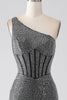 Load image into Gallery viewer, Sparkly Black Mermaid One Shoulder Corset Prom Dress