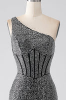 Load image into Gallery viewer, Sparkly Black Mermaid One Shoulder Corset Prom Dress