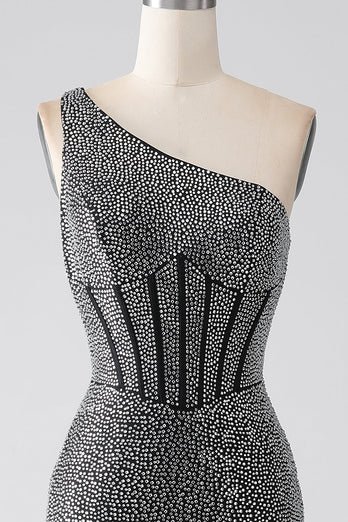 Sparkly Black Mermaid One Shoulder Corset Prom Dress