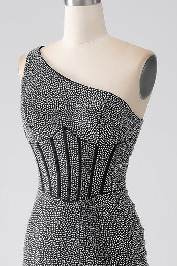 Sparkly Black Mermaid One Shoulder Corset Prom Dress