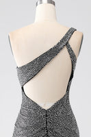 Load image into Gallery viewer, Sparkly Black Mermaid One Shoulder Corset Prom Dress