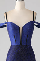 Load image into Gallery viewer, Sparkly Navy Mermaid Long Corset Prom Dress with Slit