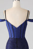 Load image into Gallery viewer, Sparkly Navy Mermaid Long Corset Prom Dress with Slit