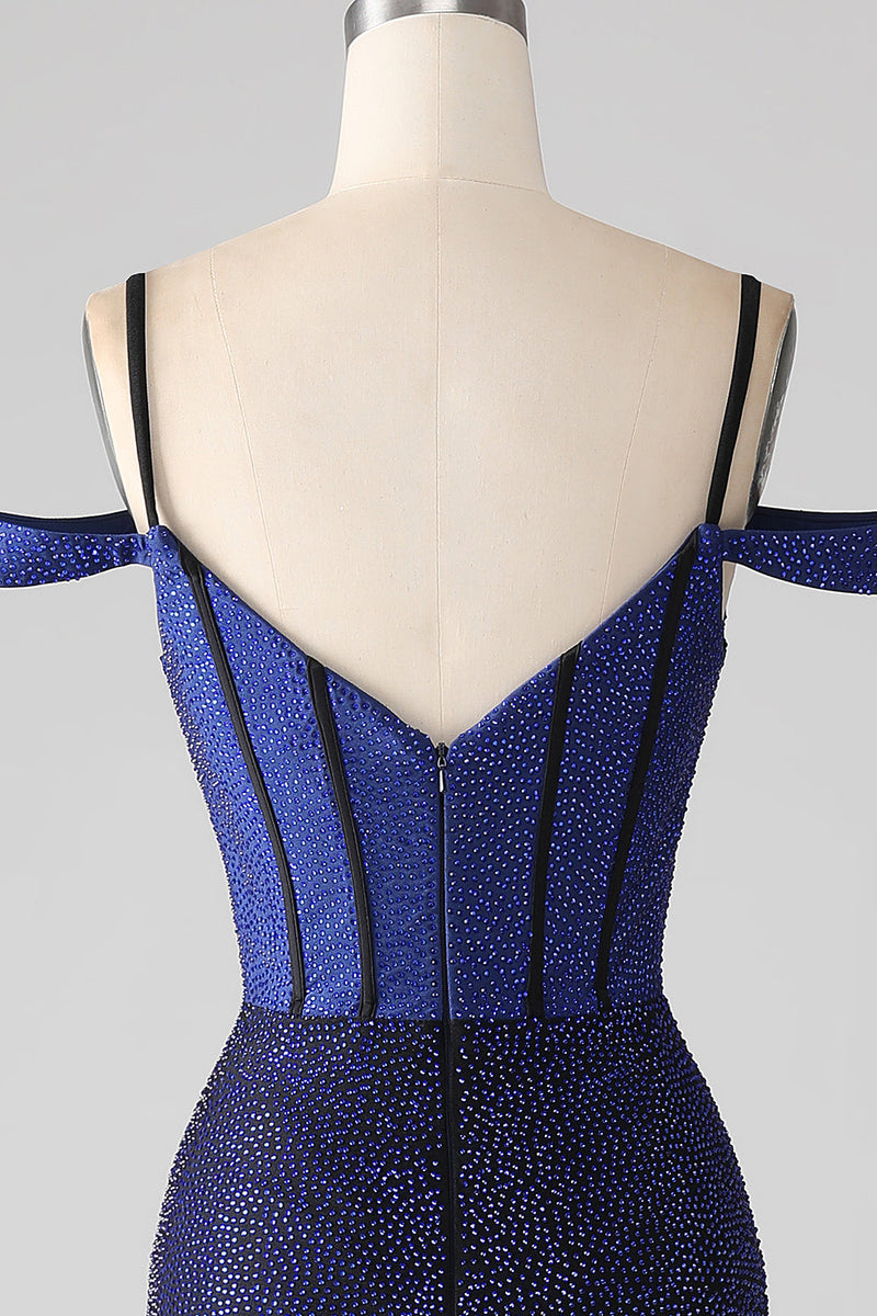 Load image into Gallery viewer, Sparkly Navy Mermaid Long Corset Prom Dress with Slit