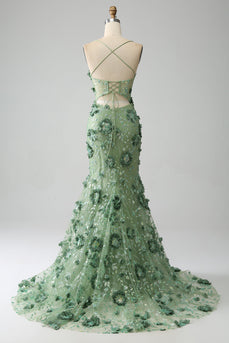 Mermaid Spaghetti Straps Green Corset Prom Dress with Appliques