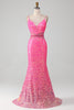 Load image into Gallery viewer, Hot Pink Spaghetti Straps Glitter Mermaid Prom Dress with Beading Waist