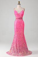 Load image into Gallery viewer, Hot Pink Spaghetti Straps Glitter Mermaid Prom Dress with Beading Waist