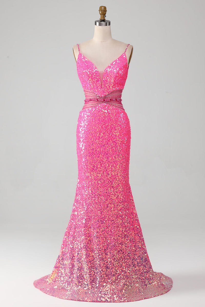 Load image into Gallery viewer, Hot Pink Spaghetti Straps Glitter Mermaid Prom Dress with Beading Waist