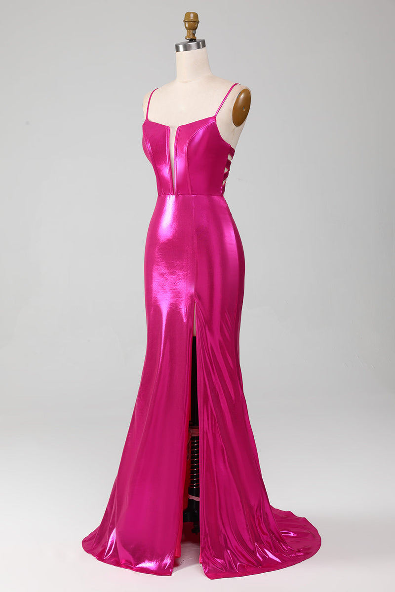 Load image into Gallery viewer, Sparkly Hot Pink Mermaid Simple Prom Dress With Slit