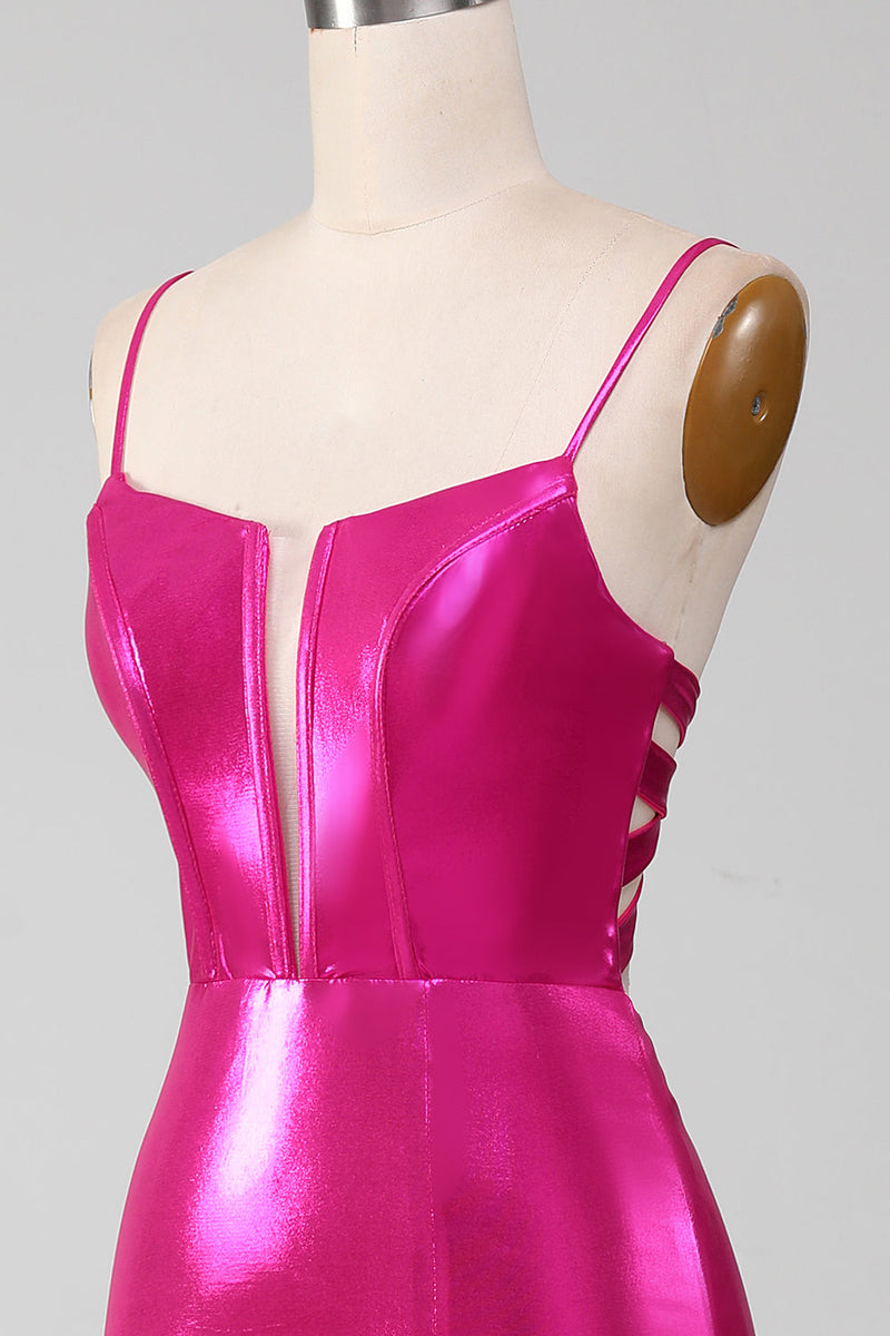 Load image into Gallery viewer, Sparkly Hot Pink Mermaid Simple Prom Dress With Slit