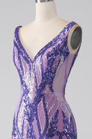 Load image into Gallery viewer, Sparkly Purple Mermaid V Neck Sequins Long Prom Dress
