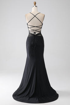 Mermaid Black Spaghetti Straps Long Prom Dress with Slit