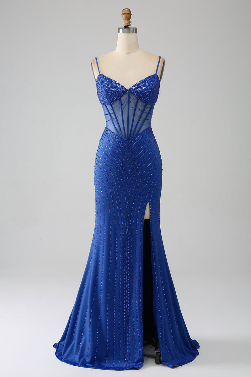 Load image into Gallery viewer, Royal Blue Mermaid Corset Prom Dress with Beading