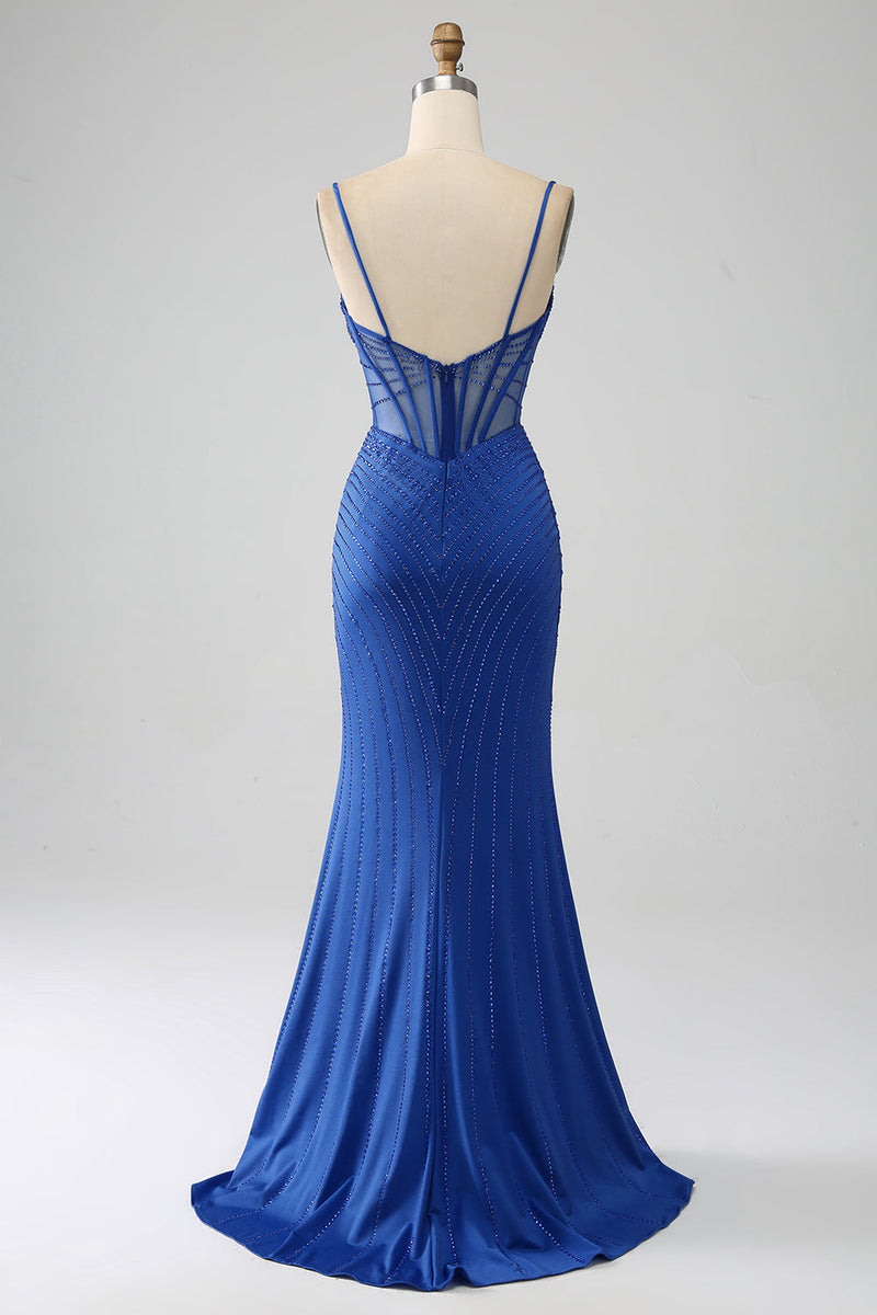 Load image into Gallery viewer, Royal Blue Mermaid Corset Prom Dress with Beading