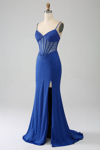 Royal Blue Mermaid Corset Prom Dress with Beading