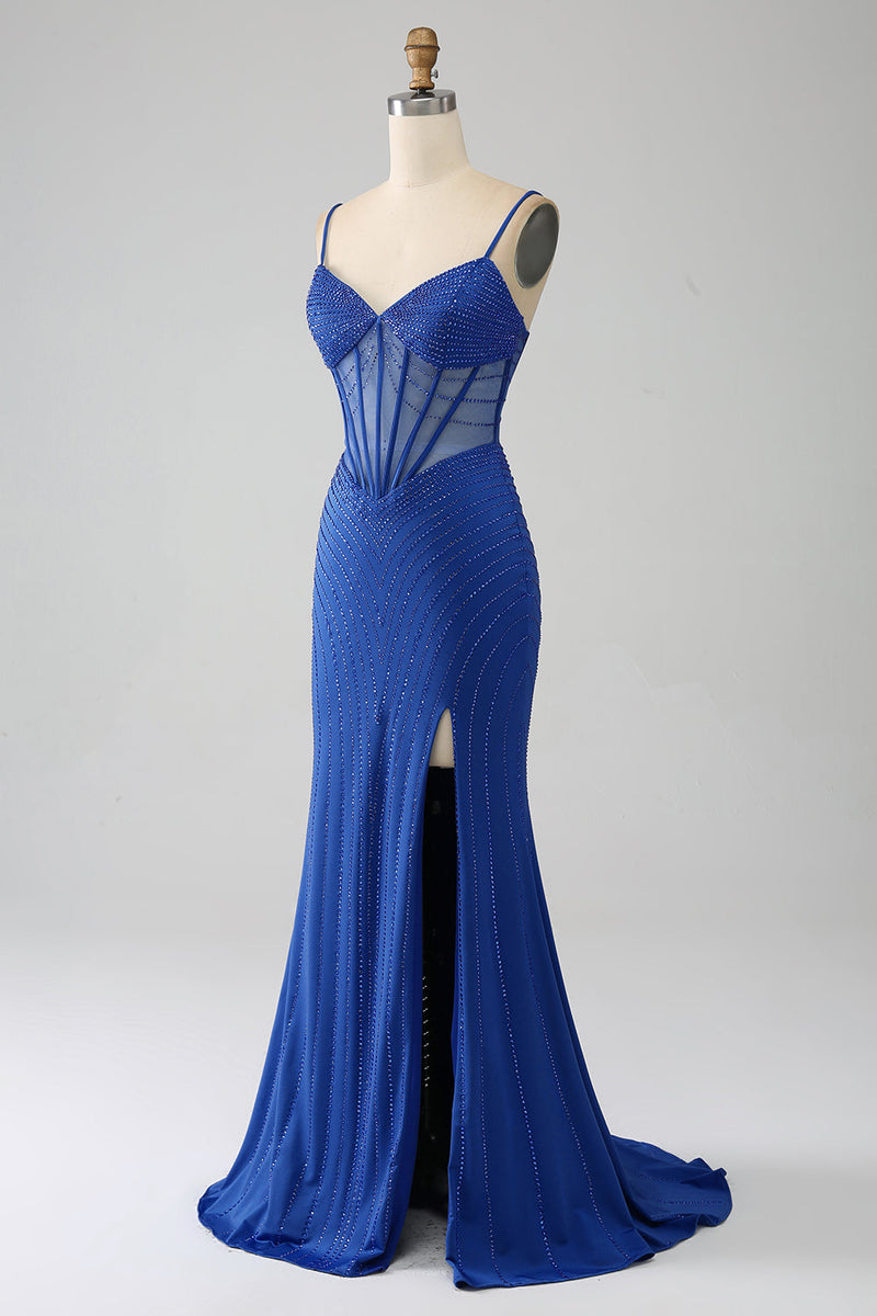 Load image into Gallery viewer, Royal Blue Mermaid Corset Prom Dress with Beading