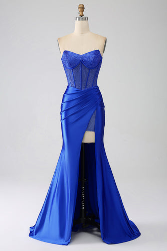 Mermaid Strapless Royal Blue Corset Prom Dress with Beading