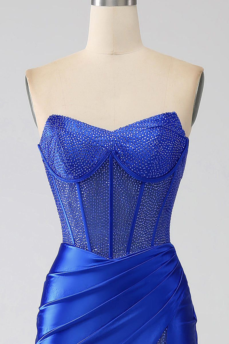 Load image into Gallery viewer, Mermaid Strapless Royal Blue Corset Prom Dress with Beading