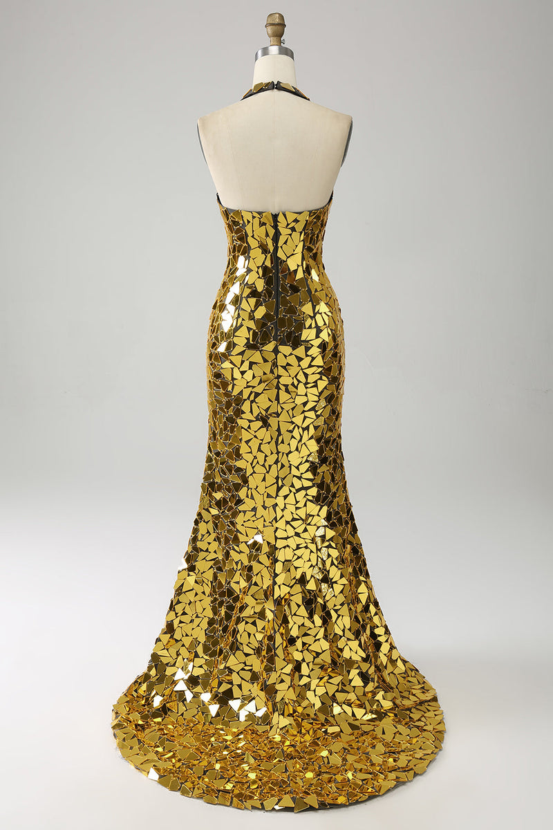 Load image into Gallery viewer, Golden Mermaid Halter Deep V-Neck Mirror Prom Dress With Slit