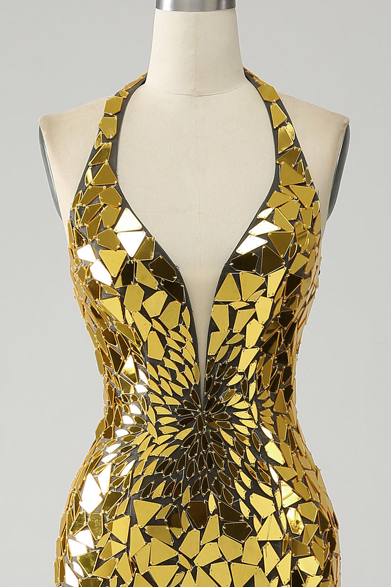 Load image into Gallery viewer, Golden Mermaid Halter Deep V-Neck Mirror Prom Dress With Slit