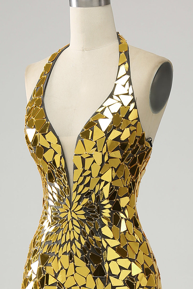 Load image into Gallery viewer, Golden Mermaid Halter Deep V-Neck Mirror Prom Dress With Slit
