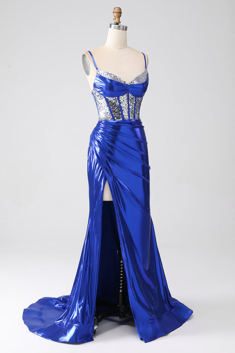 Load image into Gallery viewer, Royal Blue Mermaid Sparkly Sequin Pleated Corset Prom Dress With Slit