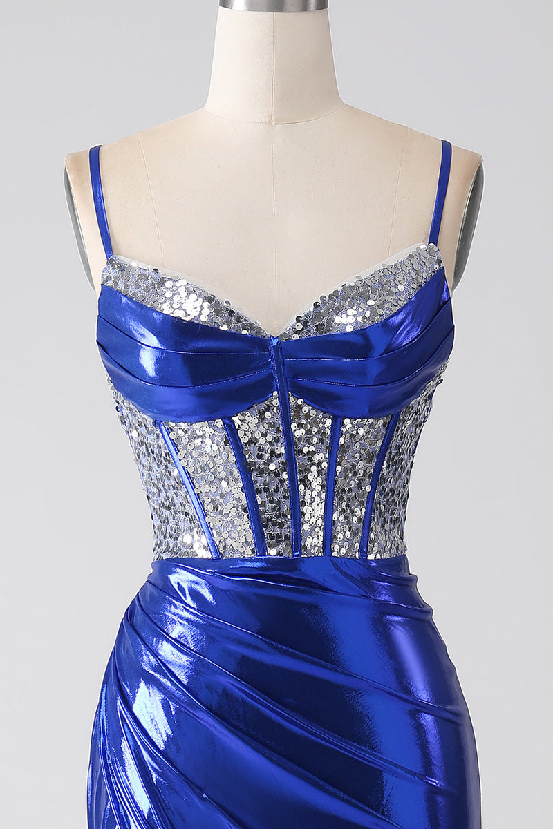 Load image into Gallery viewer, Royal Blue Mermaid Sparkly Sequin Pleated Corset Prom Dress With Slit